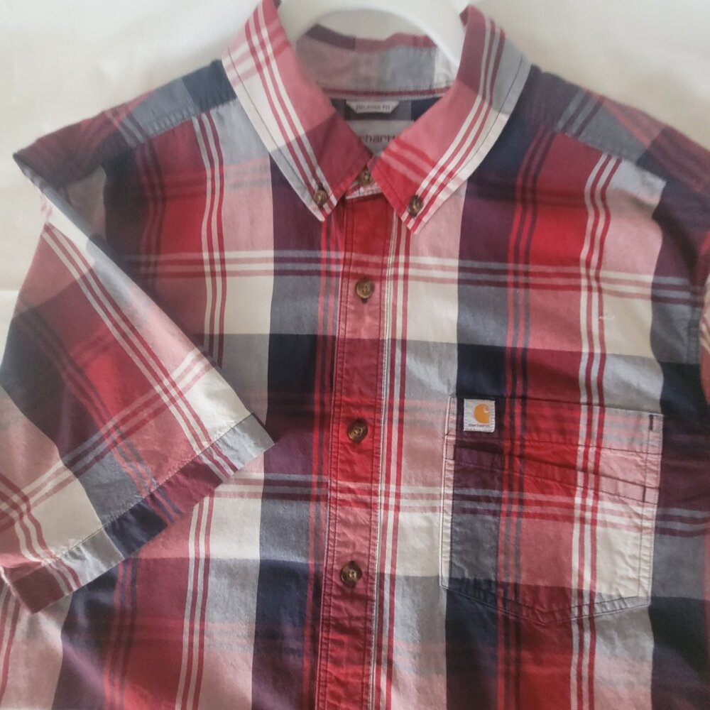 Carhartt Red White Blue Mens Plaid Short Sleeve Shirt Size L - Picture 2 of 15